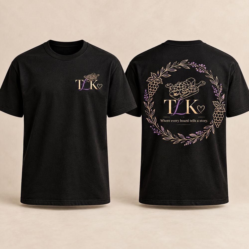 Signature Crest T-Shirt front and back, black tee with gold TLK crest